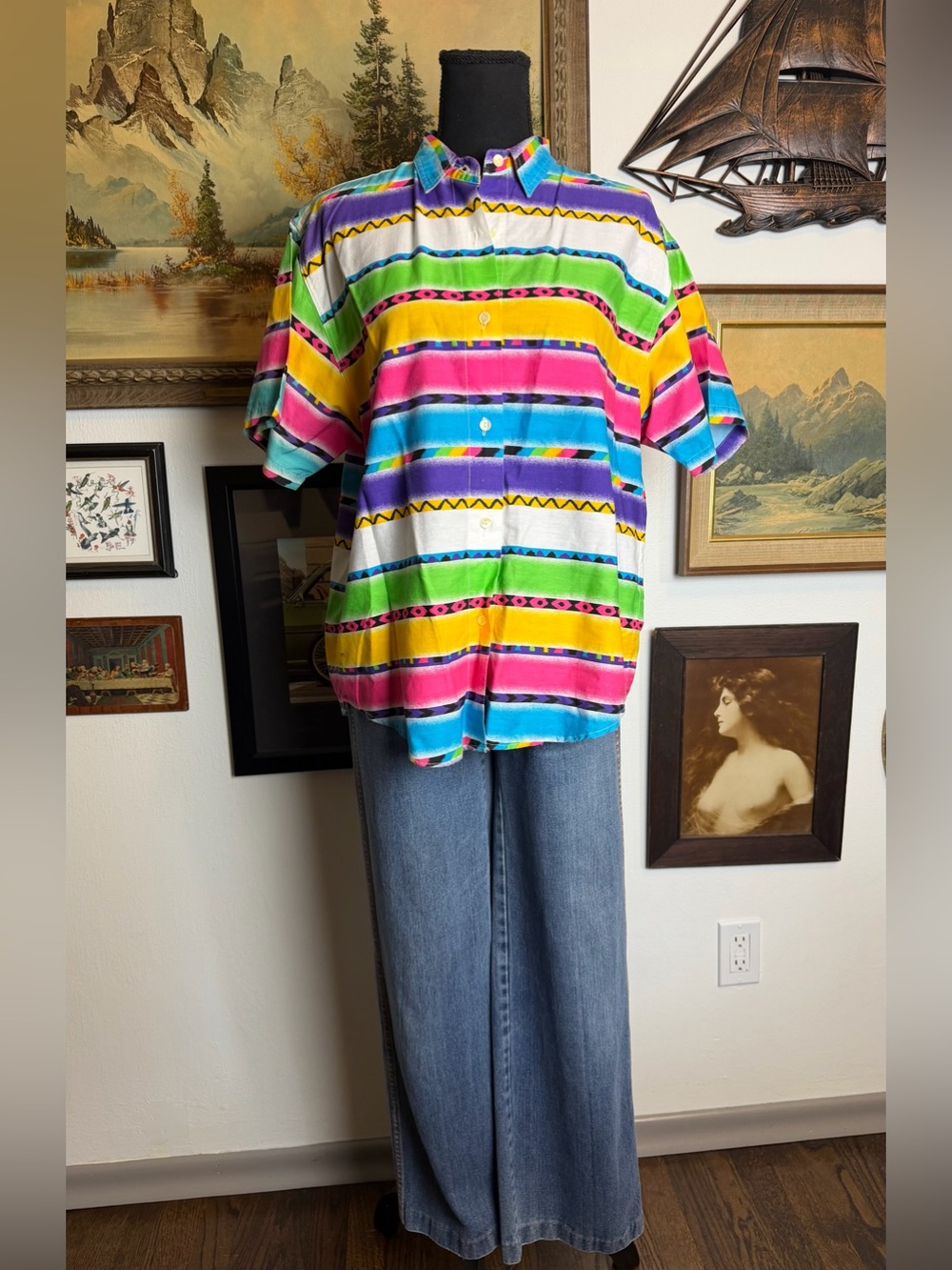 Vintage 80s-90s RED ROVER Abstract Stripe Cotton Button-Up Shirt Size Medium